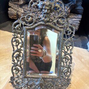 Antique 19th C. Victorian Ornate Bacchus Dionysius Brass Mirror Frame with Stand